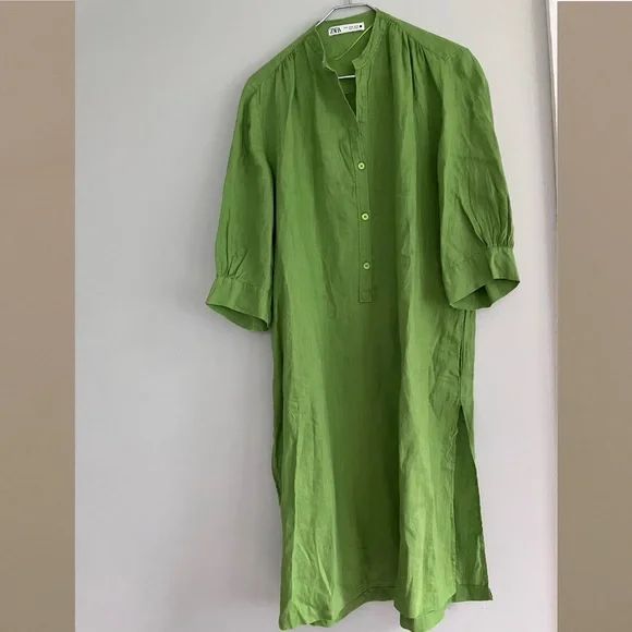 ZARA Apple Green Linen Shirt Dress Size Medium